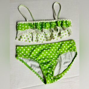 Justice Girls Two Piece Swimwear in Green and White. Ruffled top.     SIZE.  10